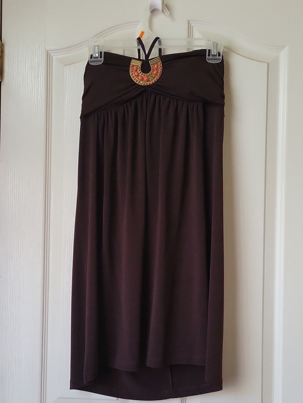 Iz Byer Strapless Brown High-Low Maxi Dress with Beaded Medallion